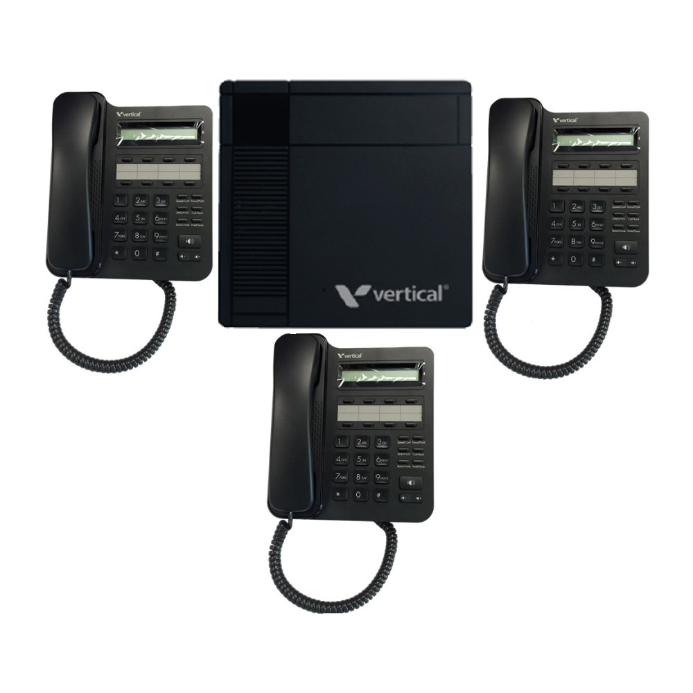 Vertical Vodavi VS100-3VU8 KSU - 12 Ext, 4port 2 hrs VM, 2ch VoIP, 3 VU-9208-00 Phones (New)