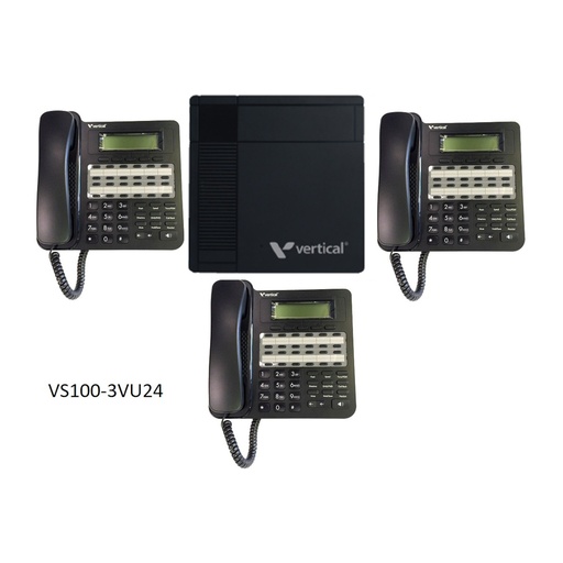 [VODVS1003VU24] Vertical Vodavi VS100-3VU24 KSU 100 - 12 Ext,  4port 2 hrs VM, 2ch VoIP, 3 VU-9224-00 Phones (New)